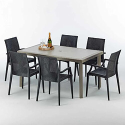 Grand Soleil Table rectangulaire et 6 chaises Poly rotin resine ensemble bar cafè exterieur 150x90 Beige Marion, Chaises Modèle: Bistrot Arm Anthracite noir