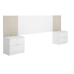 Pegane Ensemble de Tête de lit avec 2 tables de chevet de 2 tiroirs coloris imitation lamelles, blanc - Longueur 258 x Profondeur 34 x Hauteur 96 cm 