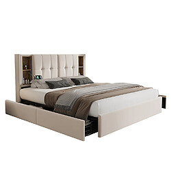 KOMHTOM Lit adulte avec chargement sans fil USB C& 4 tiroirs , lit rembourré cadre de lit 160x200cm,sommier à lattes en bois beige velours (avec matelas)