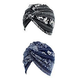 2pcs Turban Chimio Noeud Femme Bonnet Musulmanes Coton Wrap Hijib Cap - Noir + Bleu Marine Femmes chapeau turban bonnet de sommeil