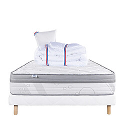 LUXURY LITERIE Ensemble matelas Relaxation 90x190 cm + sommier blanc ep 13cm + oreiller + couette •Dimensions du couchage: 90x190 cm
•Type de matelas: ressorts ensachés, memosoft100
•Epaisseur du matelas: 27 cm
•Matelas livré roulé compressé
•Traitement de protection: Anti-acarien, Anti-bactérien, Hypoallergénique
•Revêtement-Coutil certifié Oeko-tex®