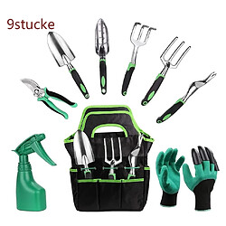 BESTA Ensemble d'outils de jardin, outil de jardin 9 en 1, sac à outils de jardin pour la plantation, outils de jardinage avec gants de jardinage et sécateur, vert