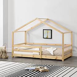 Decoshop26 Lit cabane pour enfant forme de maison avec barrière de sécurité en bois de pin couleur naturel 70 x 140 cm 03_0005522