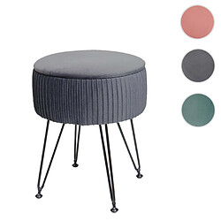 Mendler Pouf HWC-K47 compartiment de rangement Ø 33cm aspect velours ~ gris clairs piètement noir