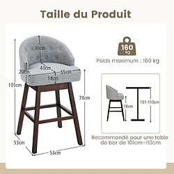 Acheter Helloshop26 2 chaises de bar pivotantes pieds en bois d'hévéa dossier rembourré tissu en lin respirant design capitonné rivets élégants patins réglables gris 20_0007524