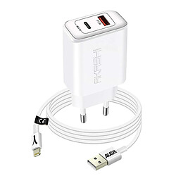 Chargeur Secteur USB / USB-C 20W PD QC 3.0 avec Câble Lightning Akashi Blanc