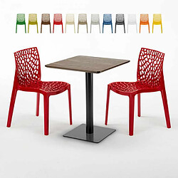 Grand Soleil Table carrée 60x60 pied noir et surface bois avec 2 chaises colorées Gruvyer Kiss, Couleur: Rouge