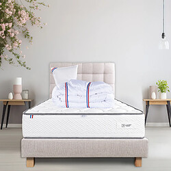 LUXURY LITERIE Ensemble matelas Iris 90x190 cm + sommier beige ep20cm + oreiller + couette + Tête de Lit