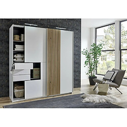 Acheter Inside 75 Armoire CYBORG 2 portes coulissantes 3 tiroirs décor blanc rechampis aspect clayettes chêne artisan