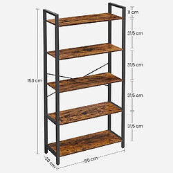 Helloshop26 Étagère à 5 niveaux bibliothèque meuble de rangement avec structure en acier pour salon bureau entrée style industriel 153 cm marron rustique et noir 12_0001493