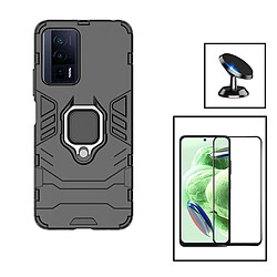 PHONECARE Kit Film Verre Trempé 5D Full Cover + Coque 3X1 Military Defender + Support Magnétique de Voiture pour Xiaomi Poco F5 Pro - Noir