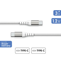 BIGBEN Câble Renforcé USB C/USB C 1,2m 3A Garanti à vie Blanc - 100% Plastique recyclé Force Power Lite