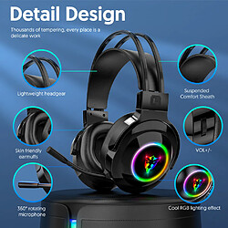 General Casque de jeu Bluetooth filaire, prise audio 0,1 pouce, coussinets en mousse à mémoire de forme, lumière LED, basses surround, léger, compatible avec PC, PlayStation, Xbox, Switch.(Canal noir 7.1)