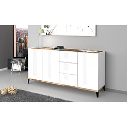 Alter Buffet moderne à 3 portes et 3 tiroirs, Made in Italy, Buffet de cuisine surélevé, Buffet design de salon, Cm 160x40h82, Blanc brillant et Érable