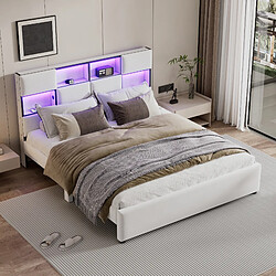 RAVAS Lit adulte 160*200cm, lumière d’ambiance réglable, multiples compartiments de rangement sur le côté du lit, port USB, beige