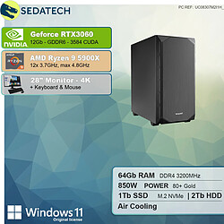 Sedatech Pack PC Professionnel • AMD Ryzen 9 5900X • RTX3060 • 64 Go RAM • 1To SSD M.2 • 2To HDD • Windows 11 • Moniteur 28"