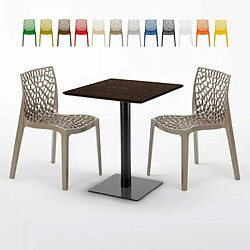 Grand Soleil Table carrée 60x60 pied noir et surface bois avec 2 chaises colorées Gruvyer Kiss - Beige Juta