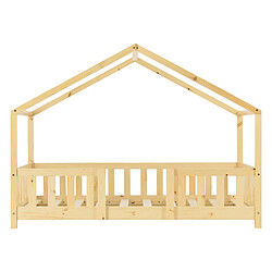 Lit d'Enfant Forme Maison avec Grille de Protection Treviolo 160 x 80 cm Bois Naturel [en.casa] pas cher