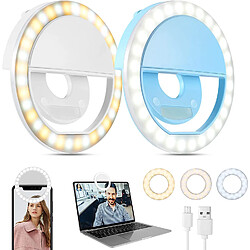 BESTA Selfie Ring Light (2 packs), 3 modes d'éclairage rechargeable Clip-on Phone Ring Light avec 36 LED pour iPhone/ordinateur portable/ordinateur, Mini Selfie Light pour photographie et vidéos, fille maquillage (blanc et bleu)