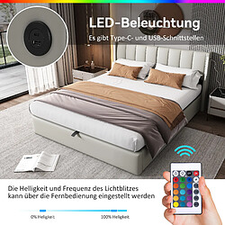 KOMHTOM Lit softback gris 180 x 200 cm, port USB rechargeable sur le lit avec éclairage LED et rangement, tête de lit réglable