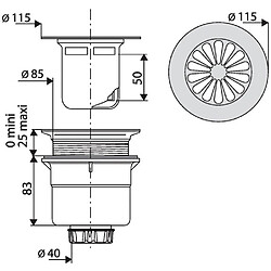 Valentin - Bonde à grille pour orifice ø 90 mm verticale