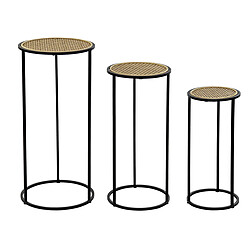 Pegane Lot de 3 tables d'appoints rondes en rotin naturel et métal noir