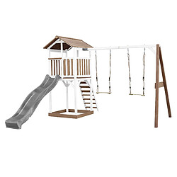 Aire de jeux en bois blanc/marron avec 2 balançoires et toboggan bleu Beach Tower Axi