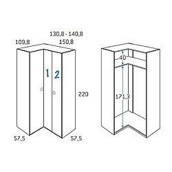 Inside 75 Armoire d'angle équerre porte droite pliante 130,8 x 220 cm finition chêne blanchis 1 étagère intérieure