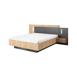 Avis Vente-Unique Lit coffre avec chevets 160 x 200 cm - 2 tiroirs - Avec LEDs - Coloris : Naturel et anthracite + Matelas - FRANCOLI