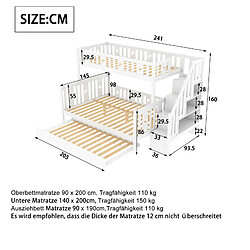 Acheter KOMHTOM Lit superposé en bois massif blanc pour enfants 90 * 200 / 140 * 200cm avec escalier de sécurité, lit pliant et cadre à Lattes