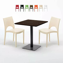 Grand Soleil Table carrée 70x70 plateau effet bois avec 2 chaises colorées Paris Melon - Beige 