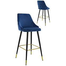 Vivenla Lot de 2 Tabourets de bar design capitonné à l'arrière revêtement en velours bleu avec piètement en acier noir et doré collection HUNTER L. 50 x P. 50 x H. 110 cm