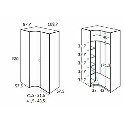 Inside 75 Armoire d'angle porte courbe à gauche 109,7 x 220 cm finition chêne blanchis