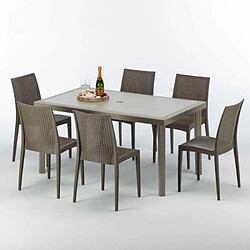 Grand Soleil Table rectangulaire et 6 chaises Poly rotin resine ensemble bar cafè exterieur 150x90 Beige Marion, Chaises Modèle: Bistrot Marron Moka