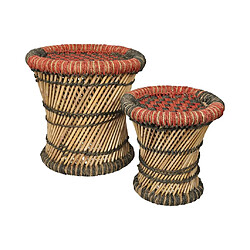 Vente-Unique Ensemble de 2 poufs rond en rotin naturel clair et rouge MIRTAKA