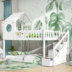 LBF Lit enfant cabane dans les arbres, entrer et sortir du lit, lit double, lit enfant en forme de maison, armoire échelle, lit maison en bois de pin pour enfants, 90x200cm, sans matelas, blanc