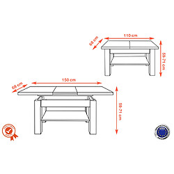 Acheter Dusine TABLE BASSE JIMMY BOIS / BLANC RELEVABLE + EXTENSIBLE JUSQU' 150 CM