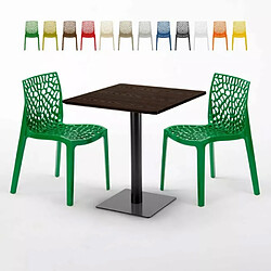 Grand Soleil Table carrée 70x70 plateau effet bois avec 2 chaises colorées Gruvyer Melon - Vert 