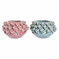 Vase DKD Home Decor Rose Turquoise Grès Fleur méditerranéen 20 x 20 x 13 cm 22 x 22 x 13 cm (2 Unités) 