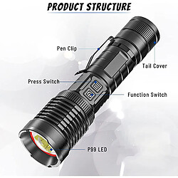 BESTA XHP99 Lampe torche LED 20 000 lumens super lumineuse tactique 5 modes Zoomable étanche Lampe torche rechargeable USB pour camping, randonnée, urgence en plein air