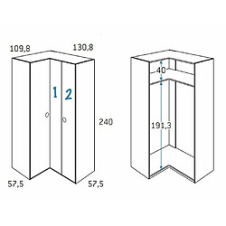 Inside 75 Armoire d'angle équerre porte droite pliante 130,8 x 240 cm finition chêne blanchis 1 étagère intérieure