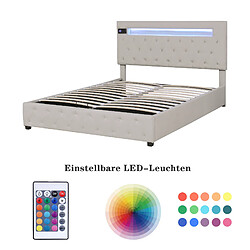 KOMHTOM Lit Double Rembourré 140X200cm Avec Chargement Usb - Lecteur Bluetooth et LED - Espace De Rangement - Tête De Lit Réglable - Beige pas cher