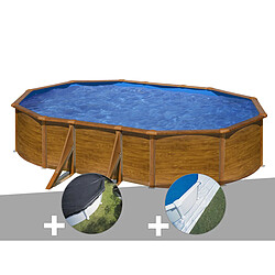 Kit piscine acier aspect bois Gré Pacific ovale 5,27 x 3,27 x 1,22 m + Bâche d'hivernage + Tapis de sol