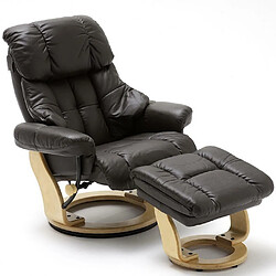 Inside 75 Fauteuil relax CLAIRAC assise en cuir marron pied en bois naturel avec repose pied 