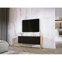 3XELIVING Meuble TV en couleur Chêne wotan / Blanc Brillant avec pieds droits en or, D: l : 100 cm, H : 52 cm, P : 32 cm