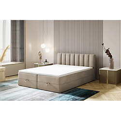 Avis TRADA Lit adulte 180x200 cm CITY - avec matelas ressorts intégré, rangement et surmatelas - tissu velours – beige