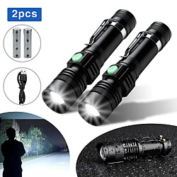 Einfeben 2x Torche Lampe de Poche, LED USB Rechargeable Ultra Puissante Lampe Torche, 4 Modes IP44 Étanche Militaire Zoomable pour Camping Randonnée(18650 Pile Rechargeable Incluse)