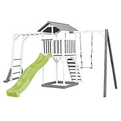 AXI Beach Tower Aire de Jeux avec Toboggan en VERT Clair, Cadre d'escalade, Balançoire & Bac à Sable | Grande Maison Enfant extérieur en Gris & BLANC | Cabane de Jeu en Bois FSC 