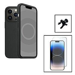 PHONECARE Kit Verre Trempé ClearGlass + Coque Silicone Liquide + Support Magnétique de Voiture Renforcé pour Apple iPhone 15 Pro - Noir 