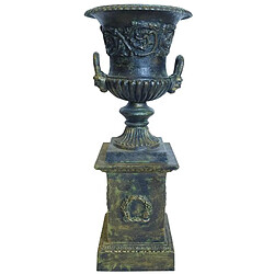 L'Héritier Du Temps Vasque et Socle Géant Vase Jardinière Extérieur de Chateau en Fonte Patinée Verte 56x56x140cm 